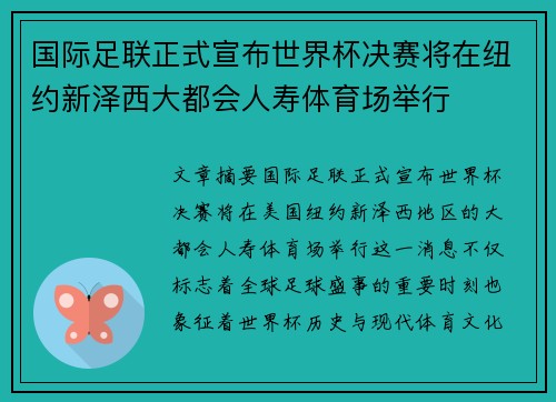 国际足联正式宣布世界杯决赛将在纽约新泽西大都会人寿体育场举行 国际足联正式宣布世界杯决赛将在纽约新泽西大都会人寿体育场举行